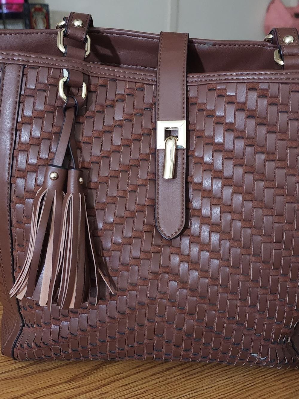 Madi Clair, Embossed Brown Leather Woven Large Size Handbag (Brown)